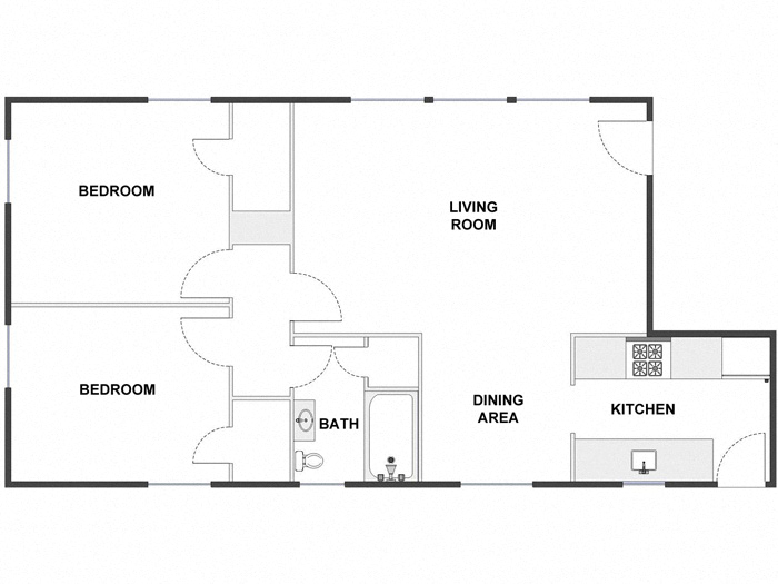 Floor plan for 2 beds, 1 bath, 850 sqft